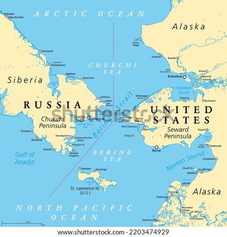 Bering Strait, political map. Strait between the North Pacific Ocean and the Arctic Ocean, separating the Chukchi Peninsula of the Russian Far East from the Seward Peninsula of Alaska, United States.