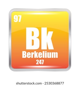 Ícone Berkelium. Bk elemento químico. Número atômico 97. Massa 247. Imagem quadrada amarela. Símbolo de vetor.