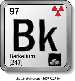 Berkelium periodic table element icon on silver metallic button with radioactive sign and mass number of the Most Stable Isotope. 3d sticker with soft shadow for chemical product label or web page.