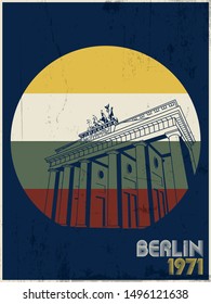 Berlin Brandenburg Gate 1970s Style Poster, Vintage Colors, Grunge Texture Pattern
