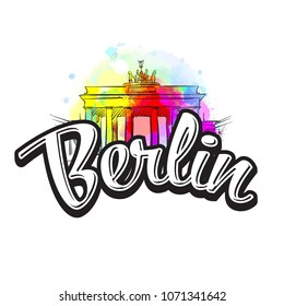 Berlin Brandenburg Gate Drawing with Headline. Hand drawn illustration. Vector image for digital marketing and poster prints.