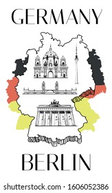 Berlin Brandenburg gate, Kaiser Wilhelm Memorial Church, TV tower on the world map with landmark of Berlin, Germany. Hand drawn sketch elements in vector illustration isolated on white background