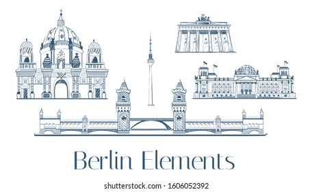 Berlin Brandenburg gate, Kaiser Wilhelm Memorial Church, TV tower buildings view with landmark of Berlin, Germany. Hand drawn sketch elements in vector illustration isolated on white background.