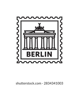 Berlin Brandenburg Gate postage stamp icon with classical columns, entablature and rooftop chariot inside a perforated frame above Berlin