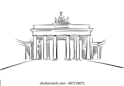 Berlin Brandenburger Gate Greeting Card Sketch, Hand-drawn Vector Outline Artwork Illustration, Tor