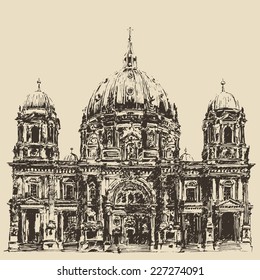 Berlin Cathedral. Berliner Dom, Germany. Hand drawn illustration. Engraved style. svg