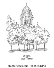 A Catedral de Berlim desenhou à mão um marco. Arquitetura detalhada de pontos turísticos famosos Catedral na Alemanha, ilustração vetorial. Esboço desenhado à mão com atração alemã. Arte moderna para impressão e design.