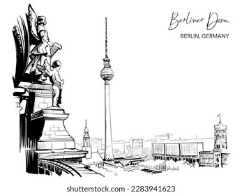 Berlin city center view from the Berlin Cathedral dome. Black line drawing isolated on white background. Eps10 vector illustration.
