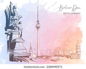 Berlin city center view from the Berlin Cathedral dome. Black line drawing isolated on watercolour textured grunge background. Eps10 vector illustration.