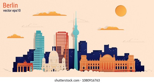 Berlin city colorful paper cut style, vector stock illustration. Cityscape with all famous buildings. Skyline Berlin city composition for design