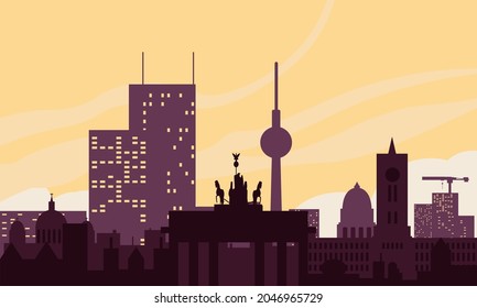 El paisaje de la ciudad de Berlín se encuentra en el fondo del cielo del amanecer. Ilustración de vector de color de estilo plano.