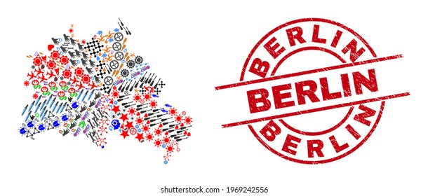 Berlin City map collage and unclean Berlin red circle stamp print. Berlin stamp uses vector lines and arcs. Berlin City map collage includes helmets, houses, showers, bugs, wine glasses,