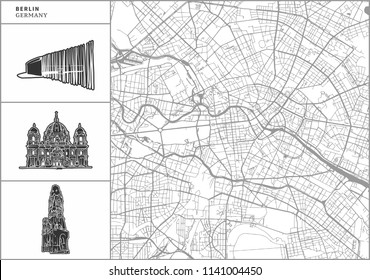 Berlin city map with hand-drawn architecture icons. All drawigns, map and background separated for easy color change. Easy repositioning in vector version.