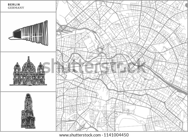Berlin city map with hand-drawn\
architecture icons. All drawigns, map and background separated for\
easy color change. Easy repositioning in vector\
version.