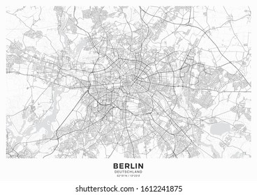 Berlin city map poster. Detailed map of Berlin (Germany). Transport system of the city. Includes properly grouped map features (water objects, railroads, roads etc).