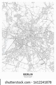 Berlin city map poster. Detailed map of Berlin (Germany). Transport system of the city. Includes properly grouped map features (water objects, railroads, roads etc).