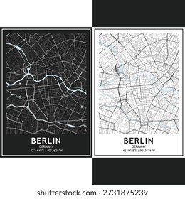 Berlin city map vector set, bundle of dark and light minimalist urban roadmap with scalable street grid, highways, and planning layout