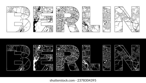 Nombre de la ciudad de Berlín (Alemania, Europa) con ilustración de mapa de ciudad blanca negra vectorial