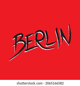 Berlin, city name hand lettering, black letters on the red background, vector illustration