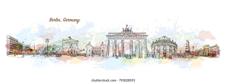 Berlin City skyline Capital of Germany. Watercolor splash with hand drawn sketch illustration in vector.