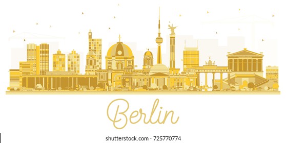 Berlin City skyline golden silhouette. Vector illustration. Cityscape with landmarks. Berlin isolated on white background.