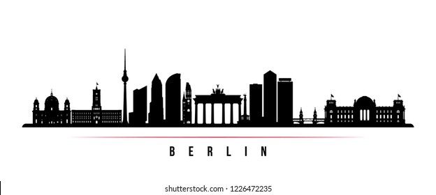 Berlin city skyline horizontal banner. Black and white silhouette of Berlin city, Germany. Vector template for your design.