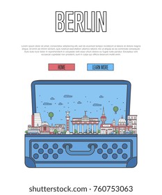 Berlin city. Travel poster inviting to visit Berlin. City attraction historic landmark in luggage bag illustration linear vector design on white background
