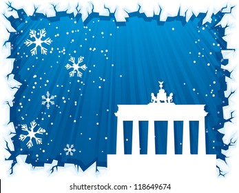 Berlin city winter background with ice border and silhouette