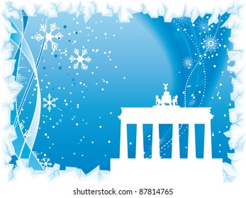 Berliner Stadtwinterhintergrund mit Eisgrenze und schwarzer Silhouette