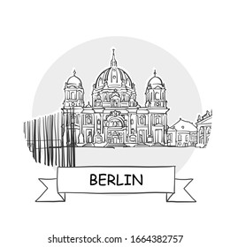 Berlin Cityscape Vector Sign. Line Art Illustration with Ribbon and Title.