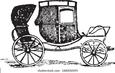 Berlin coach which is a four wheeled carriage invented in Berlin, vintage line drawing or engraving illustration.