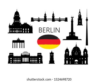 Berlin famous tourist places. Travel Germany set. German building icon silhouette collection.