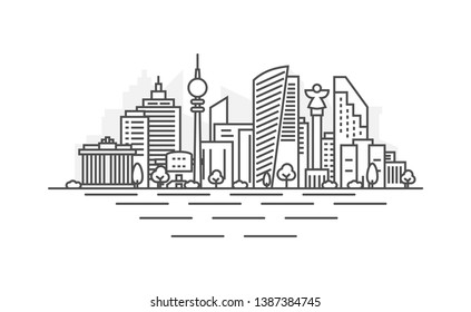 Berlin, Germany architecture line skyline illustration. Linear vector cityscape with famous landmarks, city sights, design icons. Landscape with editable strokes.