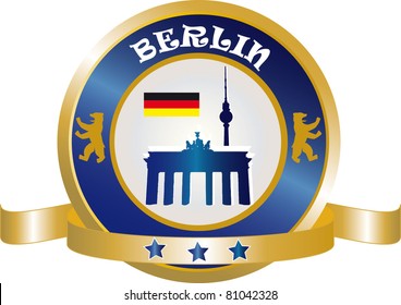 Berlin Germany Button with Bear, Brandenburg Gate and TV Tower