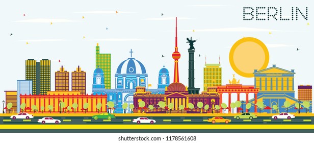 Berlin Germany City Skyline with Color Buildings and Blue Sky. Vector Illustration. Business Travel and Tourism Concept with Historic Architecture. Berlin Cityscape with Landmarks.