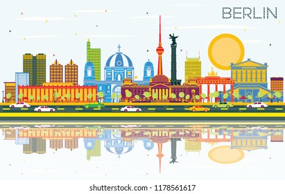 Berlin Germany City Skyline with Color Buildings, Blue Sky and Reflections. Vector Illustration. Business Travel and Tourism Concept with Historic Architecture. Berlin Cityscape with Landmarks.