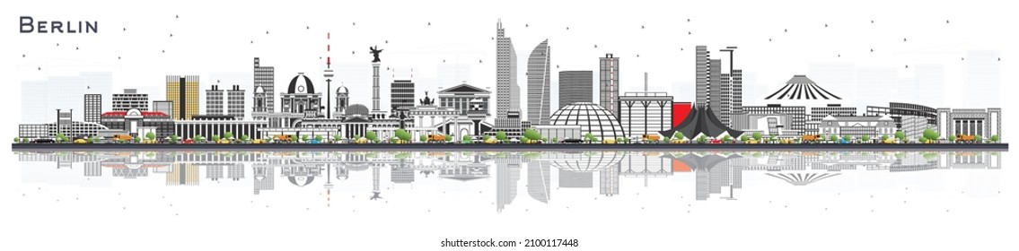 Berlin Germany City Skyline with Gray Buildings and Reflections Isolated on White. Vector Illustration. Business Travel and Tourism Concept with Historic Architecture. Berlin Cityscape with Landmarks.