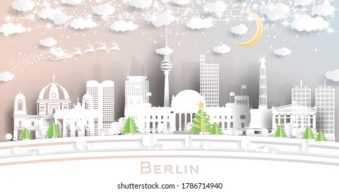 Berlin Germany City Skyline in Paper Cut Style with Snowflakes, Moon and Neon Garland. Vector Illustration. Christmas and New Year Concept. Santa Claus on Sleigh.