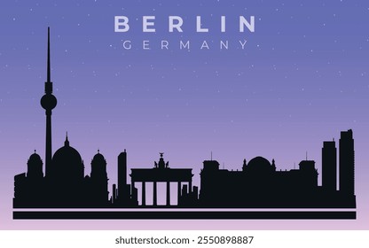 Berlin, Germany.  City skyline. Silhouettes of buildings. Vector on the background of the starry sky