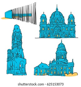 Berlin Germany Colored Landmarks, Scalable Vector Monuments. Filled with Blue Shape and Yellow Highlights. 