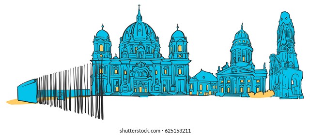 Berlin Germany Colored Panorama, Filled with Blue Shape and Yellow Highlights. Scalable Urban Cityscape Vector Illustration 