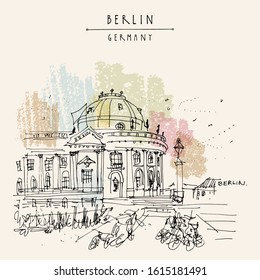 Berlin, Germany, Europe. Museum Island (Museumsinsel), river Spree, Bode Museum. Freehand drawing. Quick travel sketch. Vintage touristic postcard, poster, artistic book illustration. Vector EPS10 art