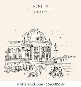 Berlin, Germany, Europe. Museum Island (Museumsinsel), river Spree, Bode Museum. Freehand drawing. Quick travel sketch. Vintage touristic postcard, poster, artistic book illustration. Vector EPS10 art