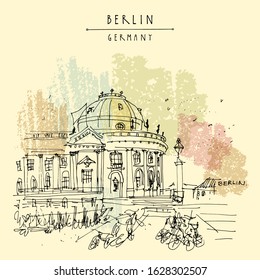 Berlin, Germany, Europe. Museum Island (Museumsinsel), river Spree, Bode Museum. Freehand drawing. Quick travel sketch. Vintage touristic postcard, poster, artistic book illustration. Vector EPS10 art