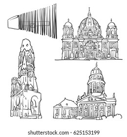 Edificios famosos de Berlín Alemania, monumentos de viaje monocromos, ilustración de vectores escalables