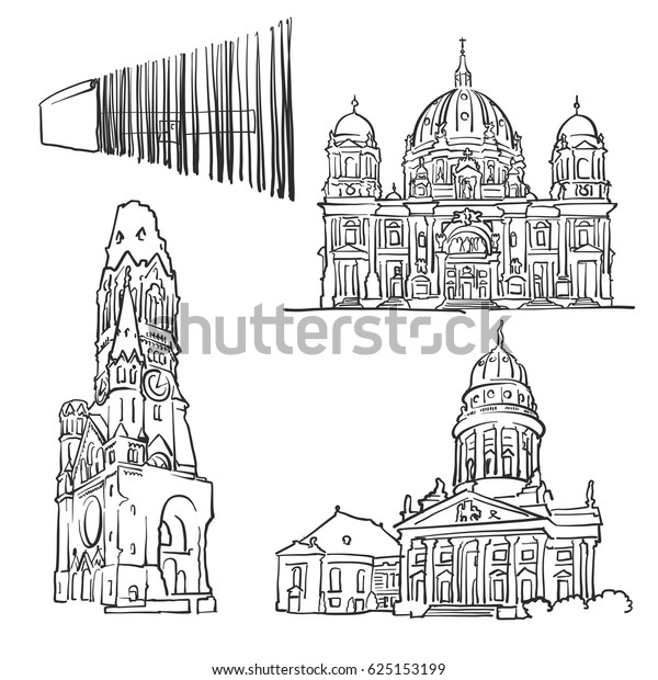 Berlin Germany Famous\
Buildings, Monochrome Outlined Travel Landmarks, Scalable Vector\
Illustration