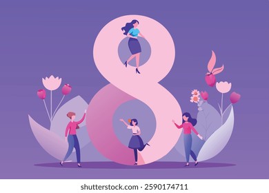 Berlin, Germany – February 15, 2024: International Women's Day Celebration with Floral Design and Number Eight