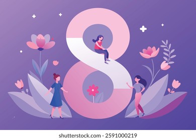 Berlin, Germany – February 17, 2024: International Women's Day Celebration with Floral Design and Number Eight
