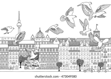 Berlin, Germany - hand drawn black and white cityscape with birds