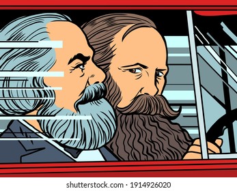 Berlin, Germany - January 31, 2021. Karl Marx and Friedrich Engels in the car. Cartoon comic book pop art illustration drawing